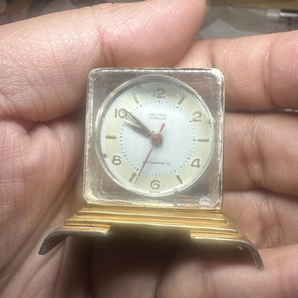 Working Vintage Hilton‎ Jeweled Manual Wind 31mm Skeleton Clock Swiss Antique